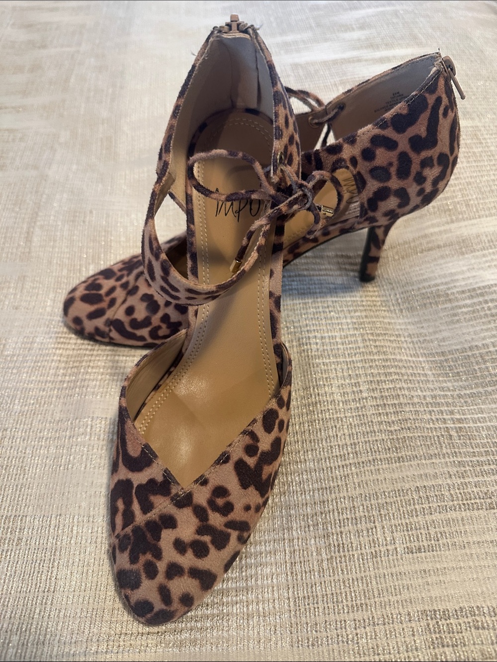 Impo Leopard Print D'Orsay Pumps with Ankle Tie and Back Zipper - Size 8 1/2 M